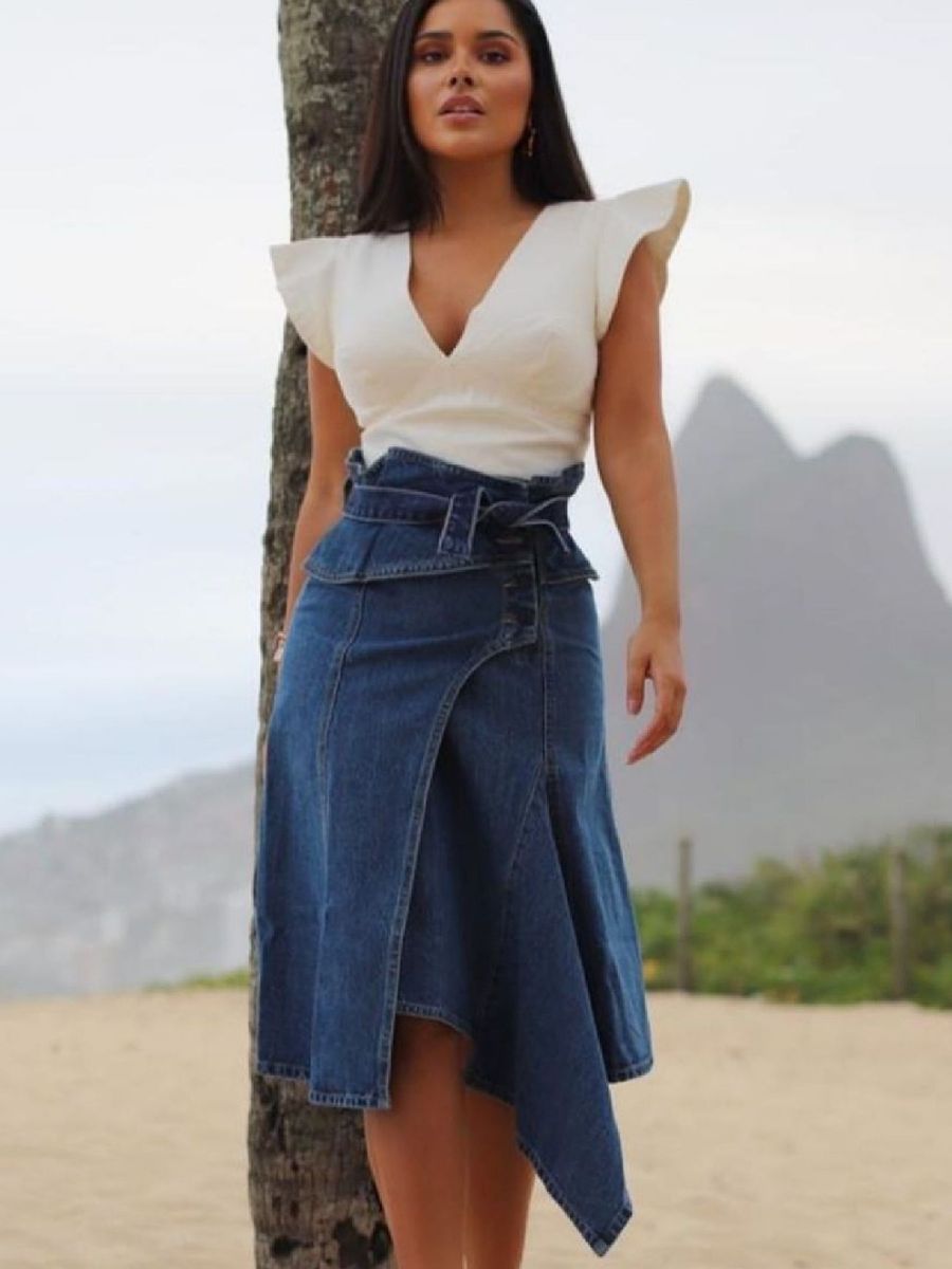 Saia Assimétrica Jeans